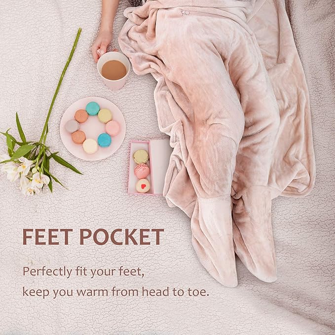 Tirrinia Travel Blanket Pillow - Wearable Airplane Blanket with Feet Pockets for Long Flights, Airplane Accessories Blanket Robe for Women and Men, Gift for Her
