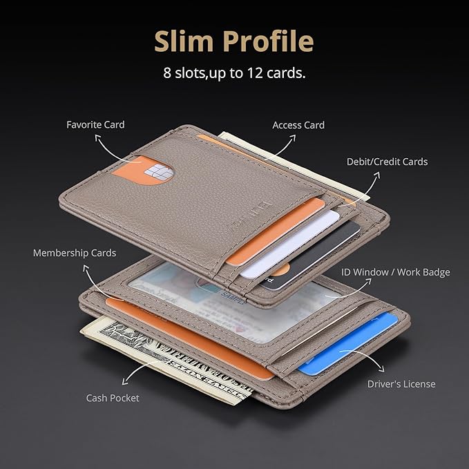 Buffway Slim Minimalist Front Pocket RFID Blocking Leather Wallets for Men and Women - Lichee Khaki