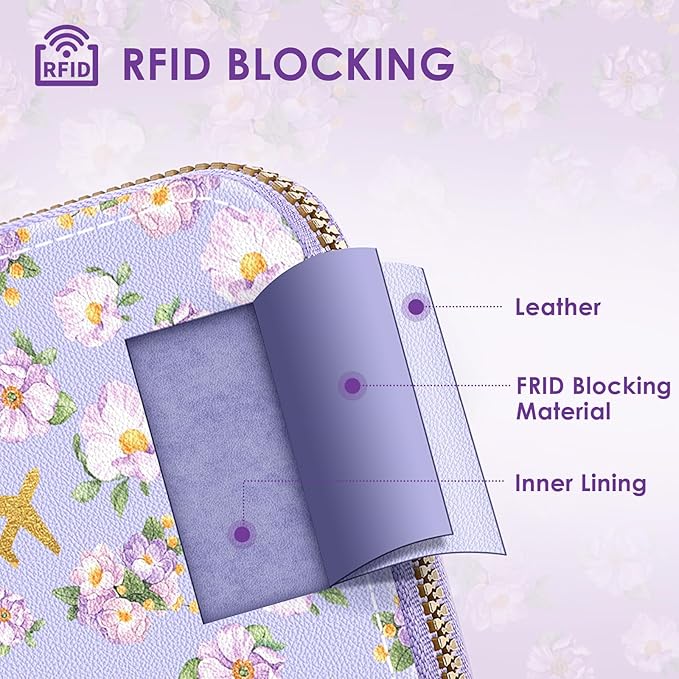 KONVINIT Passport Holder For Travel, RFID Blocking Leather Passport Cover For Travel Accessories, Passport Wallet with Zipper Closure, Cute Passport Book for Women and Men, Purple Flowers