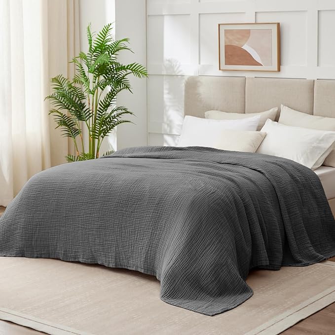 100% Cotton Muslin Blanket Twin 66" x 90", Breathable and Lightweight Cotton Twin Blankets for Couch, Soft Cooling Summer Gauze Blanket for Adults All Season, Charcoal Grey