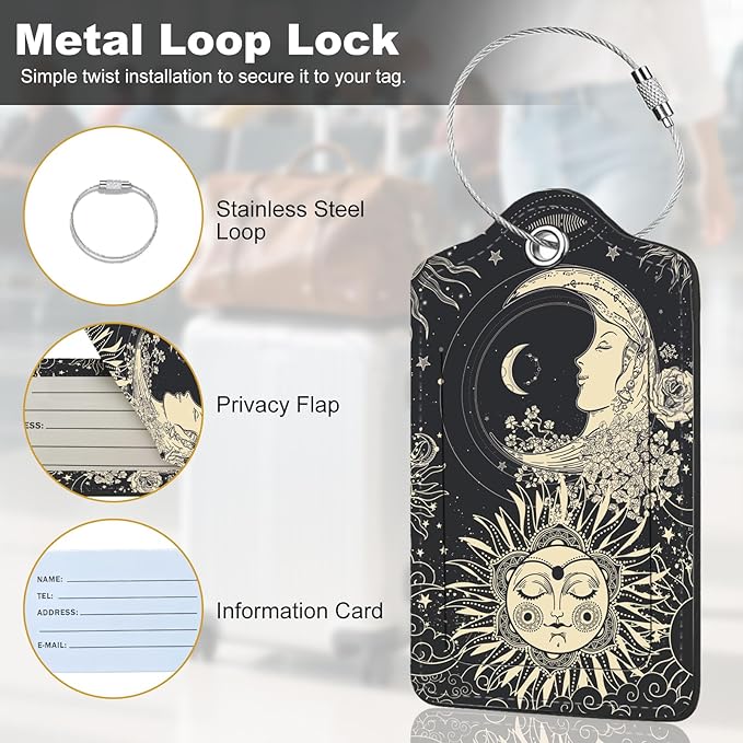 2Pack Luggage Tags for Suitcases, Cute Unique Pu Leather Cruise Luggage Tag with Privacy Cover ID Label Address Card and Metal Ring Suitable for Women Men Kids Travel Bag Sun, Moon, Face and Flower