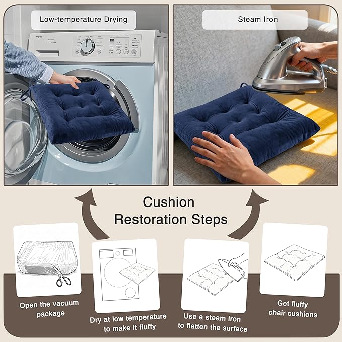 OVOV 4 Pack Chair Cushions for Dining Chairs Soft Seat Cushions for Kitchen Desk Chairs Square Chair Pads with Ties (15.5"x15.5" Navy)