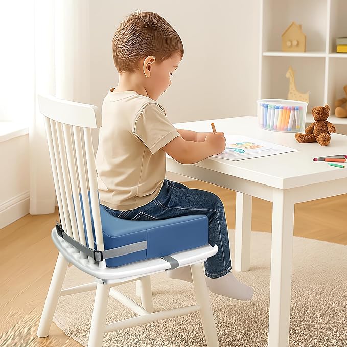 Toddler Booster Seat Dining Table Kitchen Chair, Waterproof Anti-Scratch PU Cushion, Non-Slip Bottom, Adjustable Buckle Straps, Easy Clean Portable Seat Cushion (Blue)