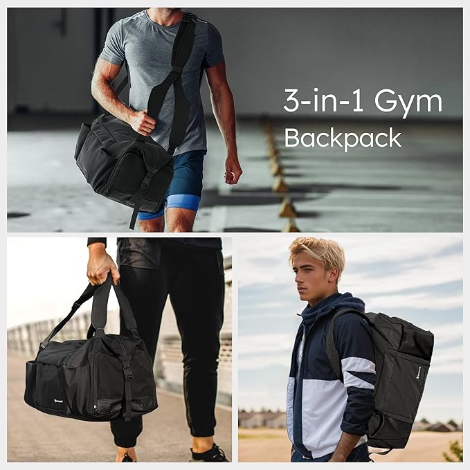 Small Gym Bag for Men with Shoes Compartment and Wet Pocket Convertible Duffle Bag and Gym Backpack Waterproof Sports Bag with 2 Bottle Holders Weekender Overnight Bag - Black