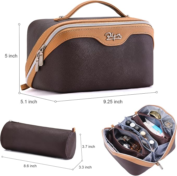 BOYATU Travel Makeup Bag Organizer Cosmetic Bag: 3 Pcs Set Make up Bags for Women with Handle - Waterproof Vegan Leather Toiletry Bags Travel Essentials Pouch with Compartments (A-03-Brown)