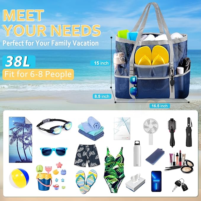 SRISE Mesh Beach Bag - Large Beach Tote Bag for Family Beach Bag for Toys & Vacation Essentials