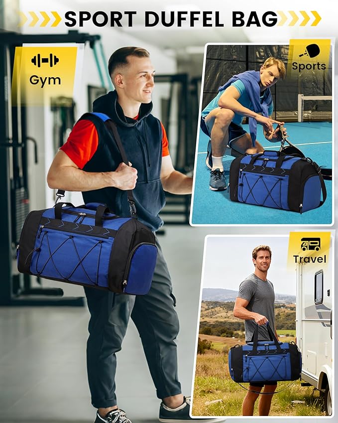 Vorspack Gym Bag for Men - 21 Inches Duffle Bag for Travel Water-resistant Travel Bag with Shoe Compartment Wet Pocket Duffel Bag for Gym Sports Travel Weekender Overnight - Blue