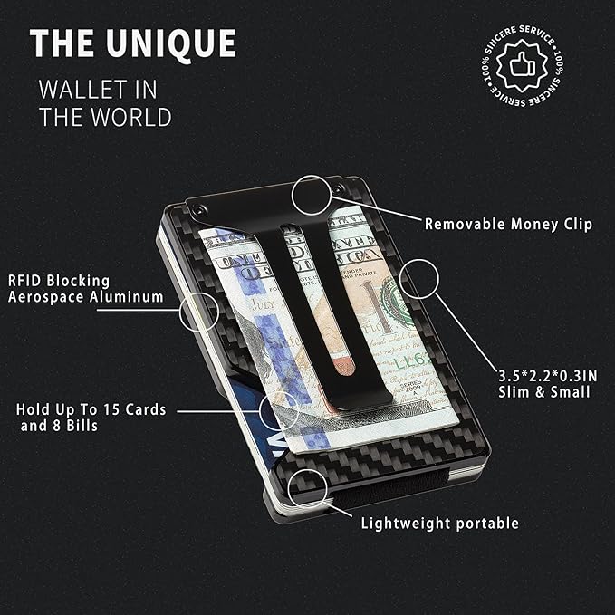 Carbon Fiber Minimalist Wallet for Men Credit Card Holder Money Clip & Cash Strap Slim RFID Mens Wallets(Matte Carbon Fiber)