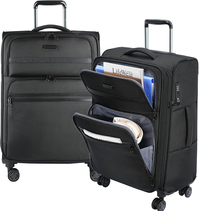 KROSER Softside Expandable checked Luggage with Front Business Pockets，24 Inch Suitcases with Spinner Wheels & Built-in TSA Lock, Durable Suitcase Rolling Luggage, Black