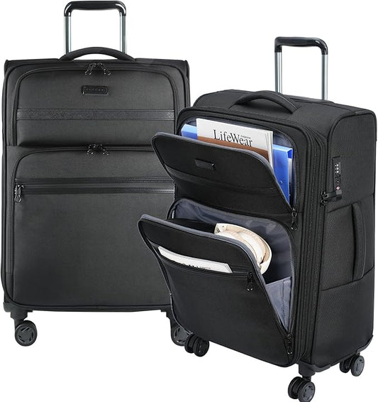 KROSER Softside Expandable checked Luggage with Front Business Pockets，24 Inch Suitcases with Spinner Wheels & Built-in TSA Lock, Durable Suitcase Rolling Luggage, Black