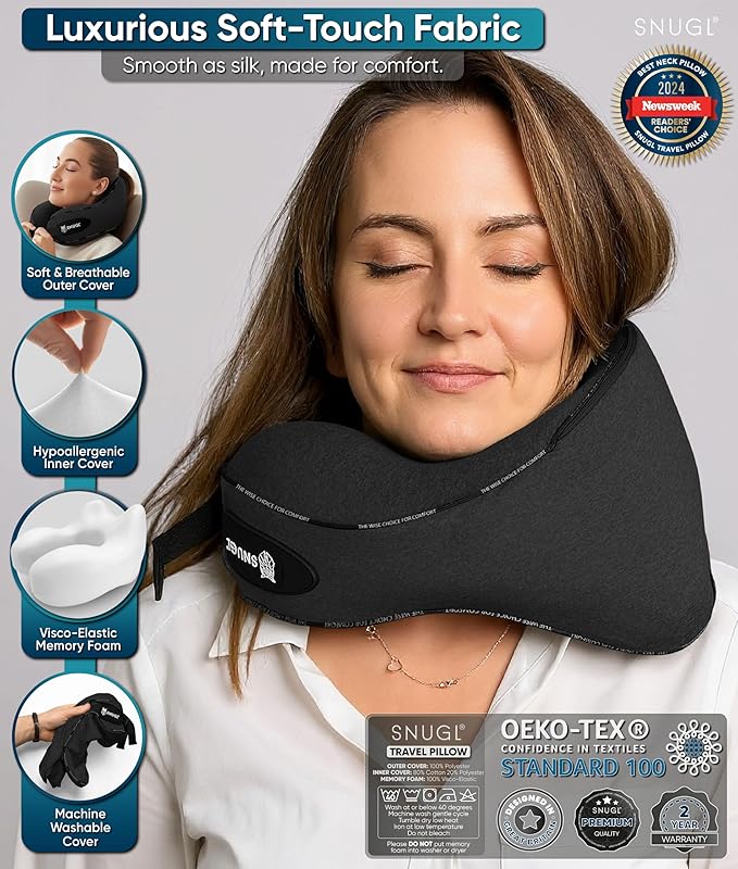 SNUGL Travel Pillow – Neck Pillow Airplane, Travel Pillows for Airplanes, Neck Pillows Memory Foam – Road Trip Essentials for Adults – Traveling Essentials - Gifts for Travelers Men & Women