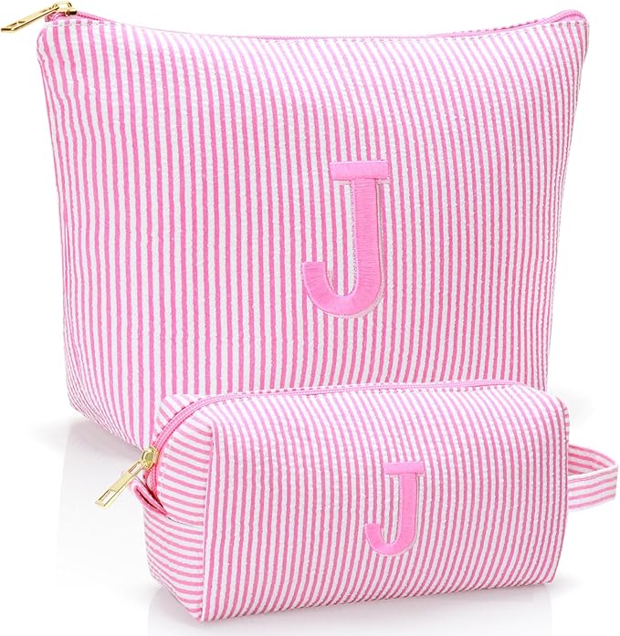 Personalized Initial Makeup Bag,Toiletry Travel Cosmetic Bag,Trendy Stuff for Teen Girls and Women,Holiday & Birthday Gift,2 Pack (J, Pink)