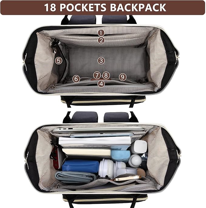 Focdod Laptop Backpack for Women, 17 Inch Work Business Backpacks Purse with USB Port, Large Capacity Doctor Nurse Bag Backbag, Waterproof Casual Daypack for Travel,Black-White-Brown
