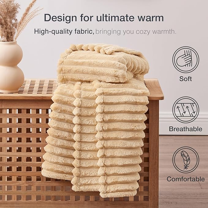 EXQ Home Fleece Throw Blanket for Couch or Bed - 3D Stripe Jacquard Decorative Blankets - Cozy Soft Lightweight Fuzzy Flannel Blanket Suitable for All Seasons(50"×60",Camel)