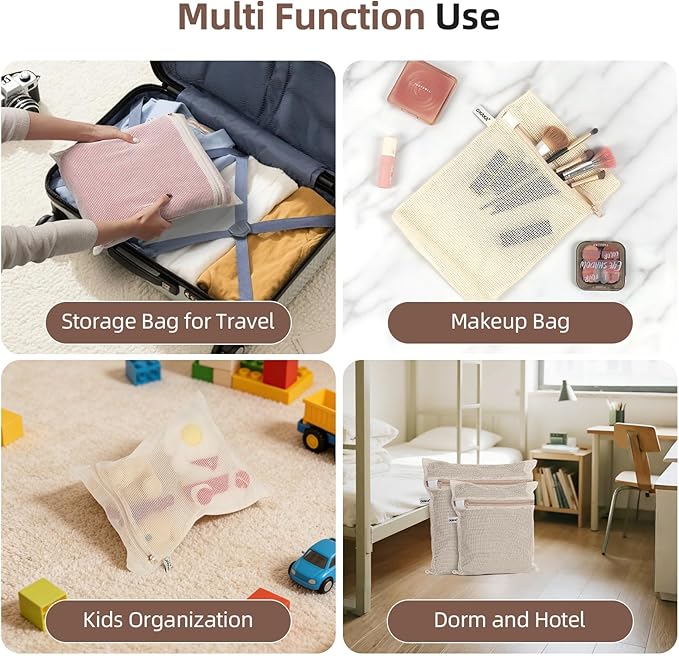 100% Cotton Mesh Laundry Bags, Premium Soft, No Dye, Set of 4, Natural