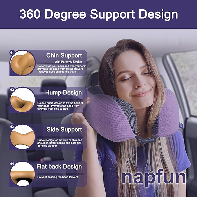 napfun Neck Pillow for Travel with Travel Pouch, Sleep Mask & Earplugs, Memory Foam Airplane Pillow for Headrest Sleep with Eyeshades, Plane Essentials with Eye Blindfold, Light Purple Striped Kit