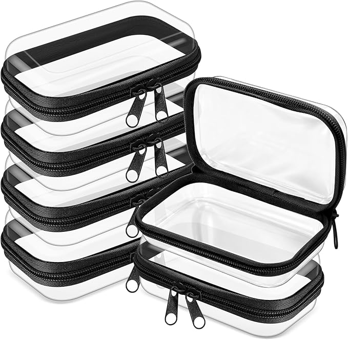 Sanwuta 6 Pcs Clear Hard Zipper Case Plastic Zipper Pouches Transparent Makeup Bag Pencil Case Pouches Toiletry Diaper Bag for Travel Toy Storage Organizer Bins(Black,5 x 3 x 2 Inch)