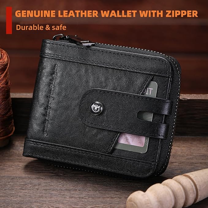 BULLCAPTAIN Genuine Leather Men's Wallet with Zipper Vintage RFID Blocking Large Capacity Wallet for Men with 14 Credit Card Slots and 1 ID Window T23 (Black)