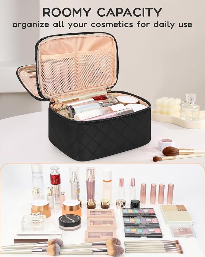 Relavel Travel Makeup Bag, Large Cosmetic Bag with Separate Makeup Brush Compartment, Cute Make Up Pouch for Women, Double Layer Toiletry Organizer Bag for Travel - Black