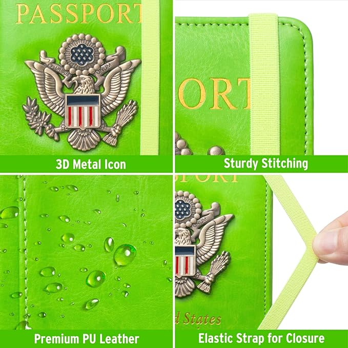 RFID Passport Holder for Travel Men, US Passport Cover Wallet Case, RFID Blocking Waterproof Leather Travel Wallet for Men Women, Document Protector for Traveling-Green