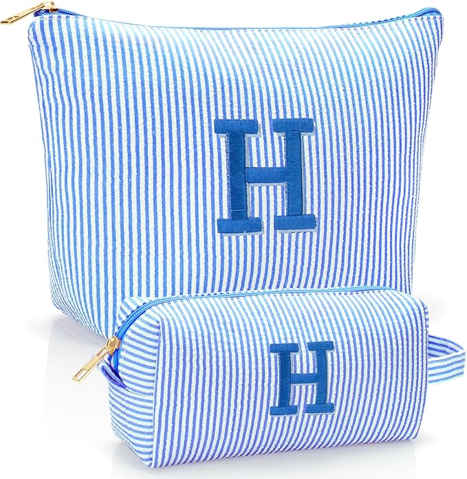Personalized Initial Makeup Bag,Toiletry Travel Cosmetic Bag,Trendy Stuff for Teen Girls and Women,Holiday & Birthday Gift,2 Pack (H, Blue)