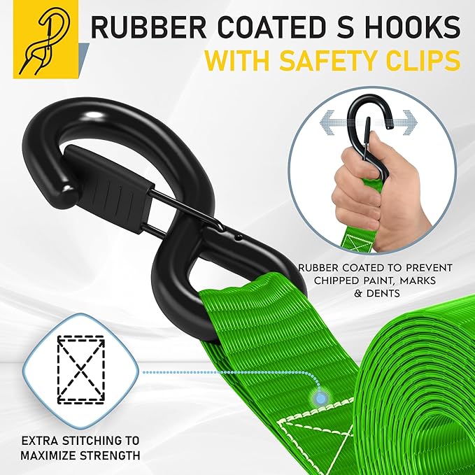 AUGO Heavy Duty Ratchet Straps & Soft Loops – Pack of 4 Extra Strong 1.5” by 10’ Ratchet Straps w/S-Hook Safety Latches & 4 Soft Loop Tie Downs – 4400Lb Break Strength for Motorcycles, ATVs, Etc.