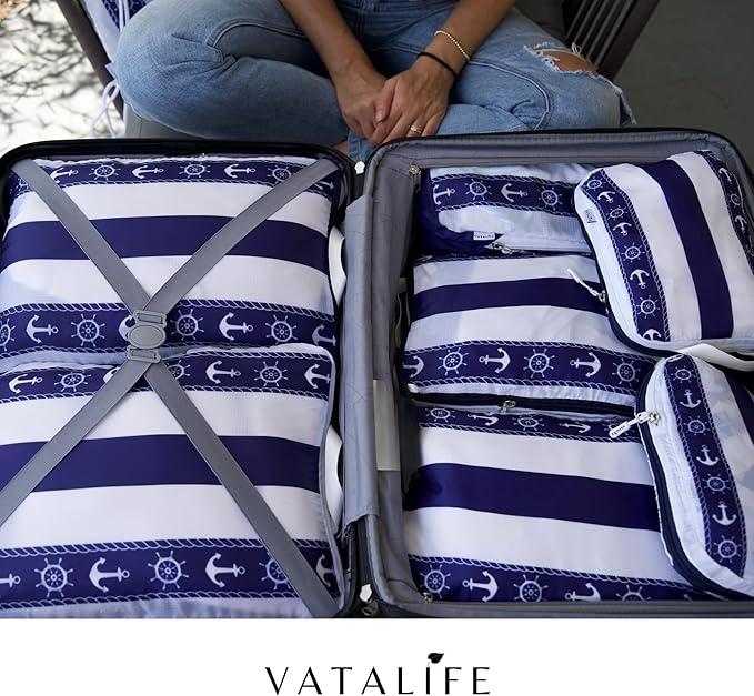 Extra Large Compression Packing Cubes for Checked Luggage, Lightweight Suitcase Organizers & Space Saver Bags - Travel Cubes for Packing - Travel Essentials - 2 Piece Set, X-Large - Cabana Stripe Navy