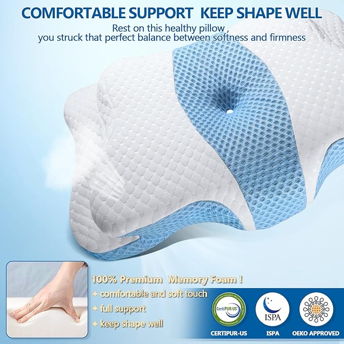 Memory Foam Pillows, Cervical Pillow for Neck and Shoulder Pain Relief, Ergonomic Contour Bed Pillow, Soft for Side Sleep Stomach Sleeping and Back Sleeper-Queen Size & Light Blue