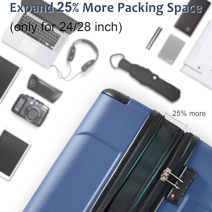 28 Inch Checked-Large Luggage, Lightweight ABS Hard Shell Suitcase with Spinner Wheels, Expandable Travel Luggage with Combination Lock & Side Hooks for Men Women (Blue., 28)