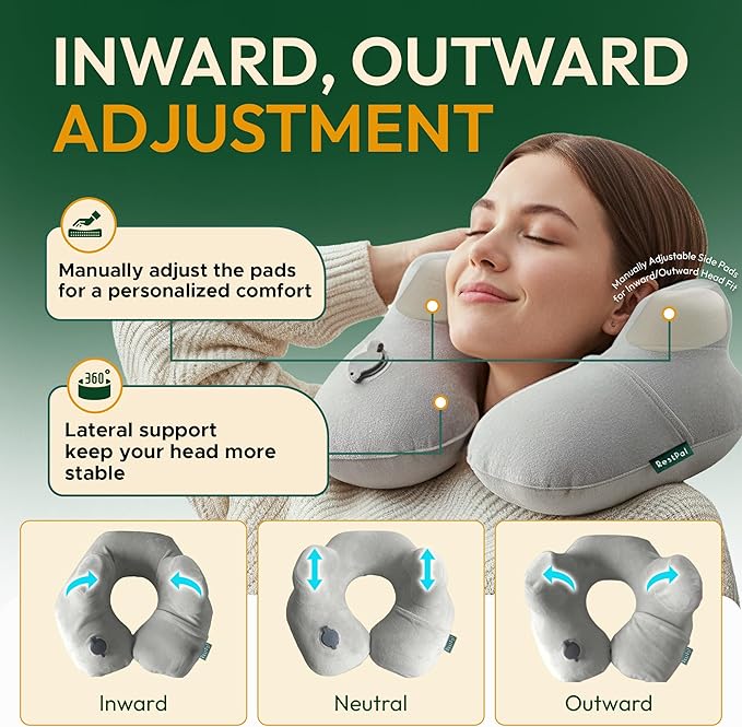Inflatable Travel Neck Pillow with Adjustable Memory Foam Sides | Lightweight, Soft & Portable Support (Light Gray, Standard)