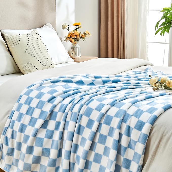 Checkered Blanket Flannel Throw Blankets Soft Cozy Checkered Grid Print Chessboard Gingham Pattern Throws for Bed Sofa Couch for All Seasons, 50x60 Inch, Blue