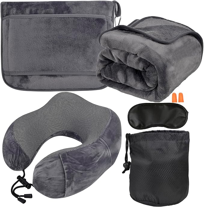 Nerien Travel Blanket and Pillow Set - Travel Neck Pillow & Blanket for Airplane, Thick Fleece Blankets Campact with Bag, Memory Foam Neck Pillows, Sleep Mask, Earplugs for Plane Traveling, Dark Grey