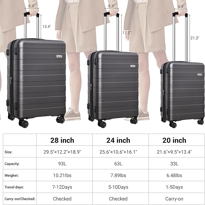 Zebra Luggage Sets 3 Piece, 20" Carry On Luggage with Spinner Wheels, Hardside Business Travel Suitcase Set with TSA Lock, Lightweight Suitcase,20/24/28 inch,Grey
