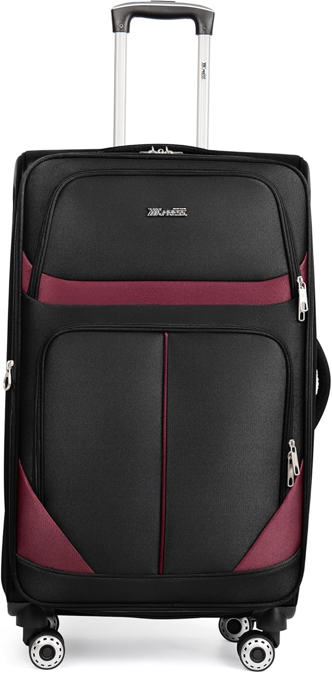 28" Large Softside Expandable 15% Checked Luggage with Double Spinner Wheels LOCK,Lightweight Travel Suitcase for Men/Women（Black-Burgund,28in）