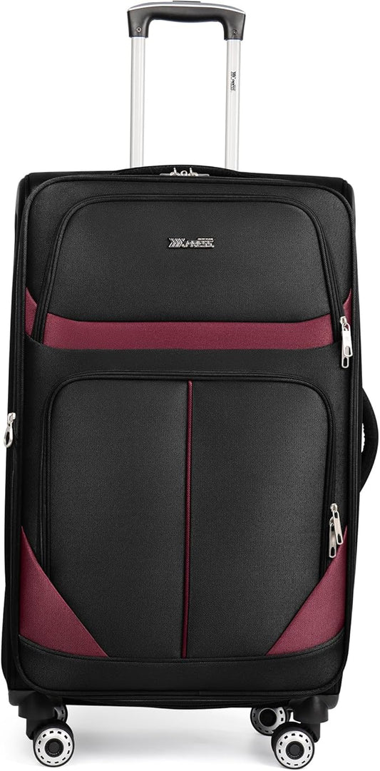 28" Large Softside Expandable 15% Checked Luggage with Double Spinner Wheels LOCK,Lightweight Travel Suitcase for Men/Women（Black-Burgund,28in）