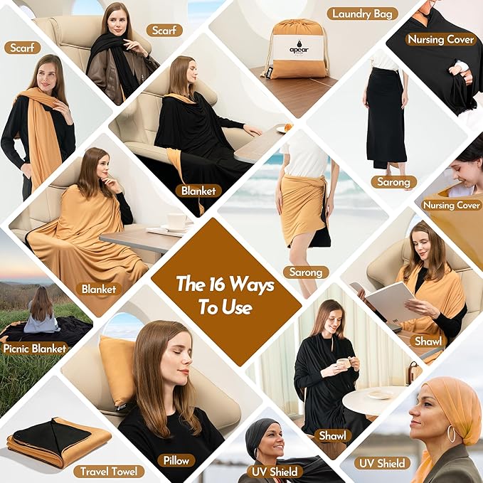 16-in-1 Compact Travel Blanket with Bag – Reversible, Ultra Soft Bamboo Airplane Blanket with Hidden Pocket – Packable for Flights & Travel Essentials (Semi-Weighted, Double Layer)
