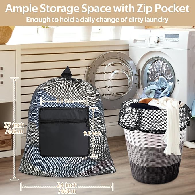 OTraki Laundry Bag Backpack 24x27 Inch Heavy Duty Mesh Laundry Bag Travel Laundry Bags for Dirty with Pocket & Adjustable Shoulder Straps Machine Washable Don't Drying, Melting 140-176℉