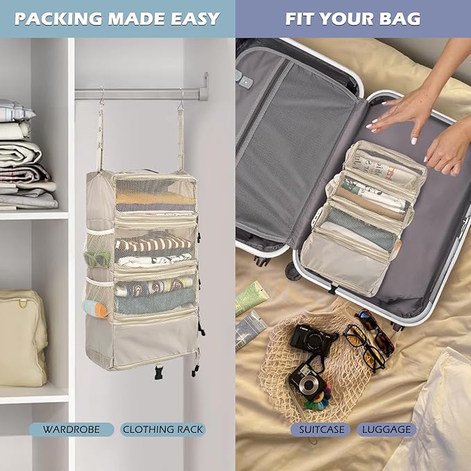Surblue Travel Hanging Luggage Organizer Portable Suitcase Closet Organizer Multiple Compartments Collapsible Compression Packing Cubes Shelf, Beige, S
