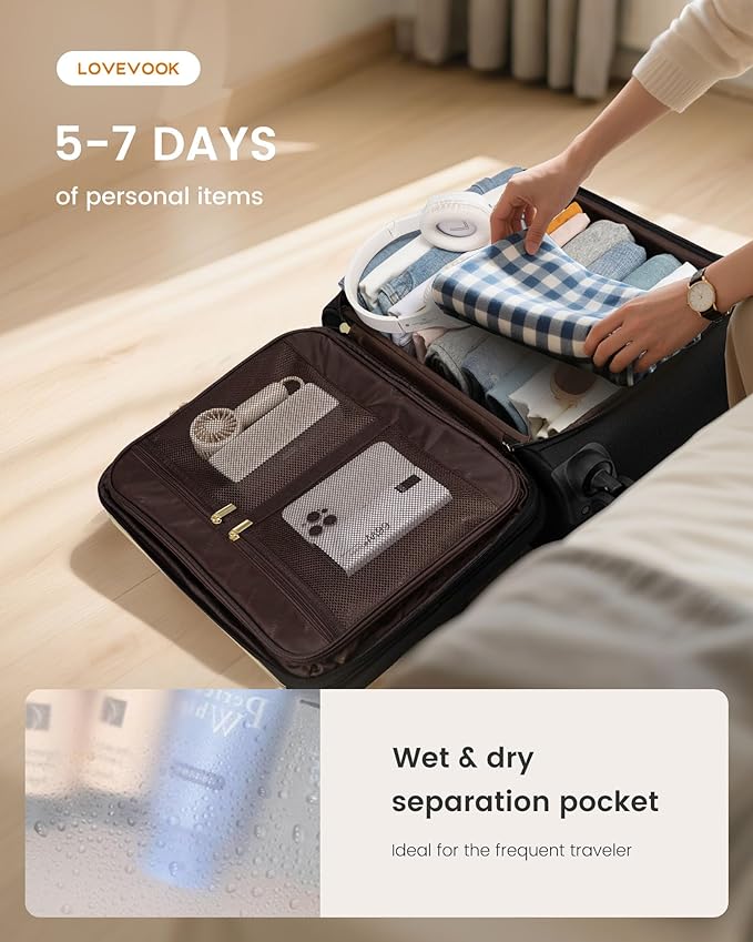 LOVEVOOK Carry on Suitcase 22x14x9 Airline Approved,20 inch Lightweight Waterproof Suitcases with 360° silent swivel wheels, TSA Lock and Compartment, Large Capacity travel Suitcase Black-gray-brown