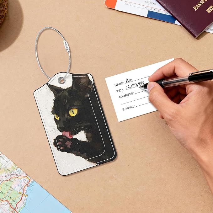 2 Pack PU Leather Luggage Tags for Suitcases, Privacy Protection Cover with Stainless Steel Loop and Address Card, Travel Cruise Essentials (Black Cat)