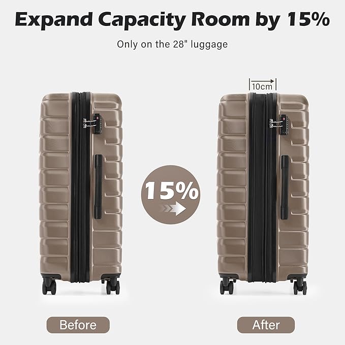 Coolife Luggage Sets, 3 Piece Hard Shell Suitcase Set with Spinner Wheels, Expandable Large Checked Luggage, Lightweight Rolling Carry On with TSA Lock Brown