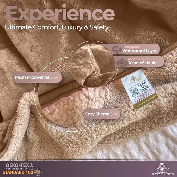 Sacred Weapon Splash Blanket – Plush Deluxe Mattress Protector – VIP Waterproof Fleece Blanket – Boonger Blanket with Moisture Barrier, Stain Proof & Washable – Queen/King Size Beige 80"x80"