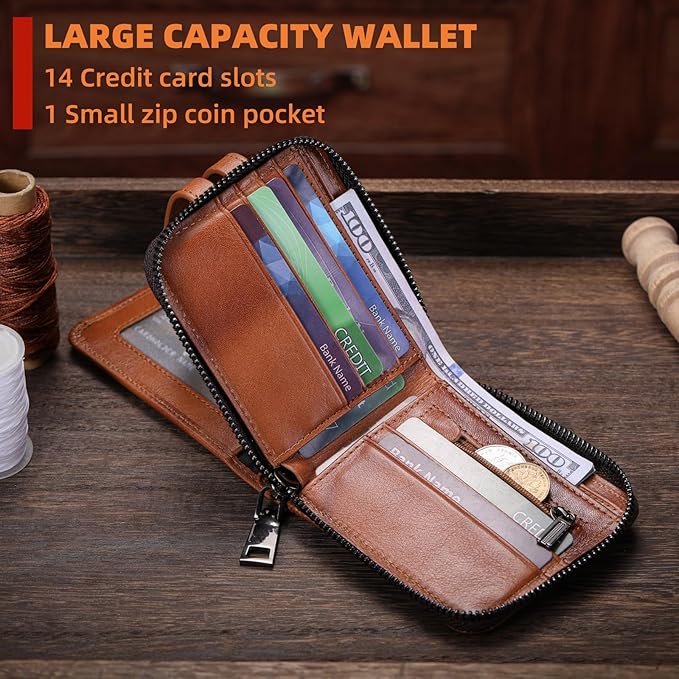 BULLCAPTAIN Genuine Leather Men's Wallet with Zipper Vintage RFID Blocking Large Capacity Wallet for Men with 14 Credit Card Slots and 1 ID Window T23 (Brown)