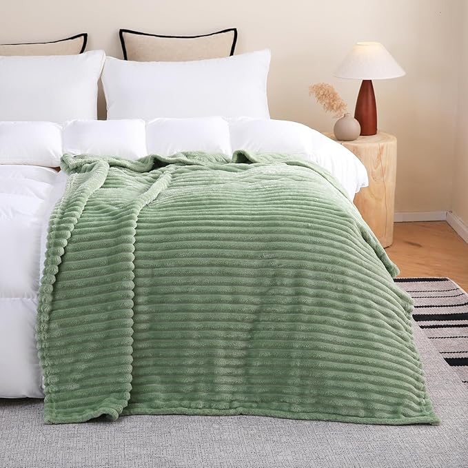 Sage Green Fleece Throw Blanket 50”×70” for Couch Sofa Bed,Super Soft Cozy Plush Microfiber Flannel Blanket with Stripes Design Lightweight for Adults,Woman,Girls