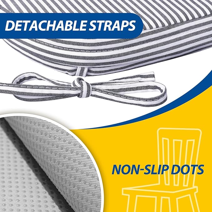 AAAAAcessories D-Shaped Chair Cushions, Featuring Ties and Removable, Machine-Washable Cover, 2'' Thick Seat Pads for Kitchen and Dining Rooms, 17'' x 16'', Set of 4, Pinstripe Dark Gray
