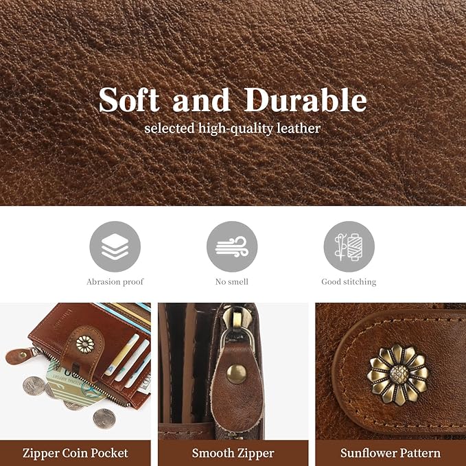 Wallet Women,RFID Blocking Womens Wallet,Real Leather Bifold Compact Small Wallet for Women Card Holder with Zip Coin Pocket(Darkcoffee)
