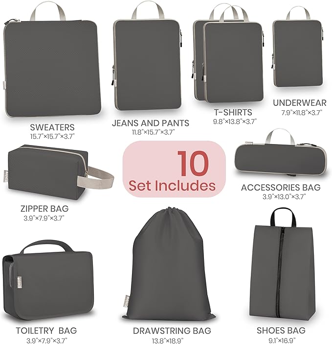 Compression Packing Cubes for Travel, Set of 10 Expandable Luggage Organizers with Shoe Bag, Lightweight Water-Resistant Suitcase Essentials for Carry-on & Checked Luggage, Grey