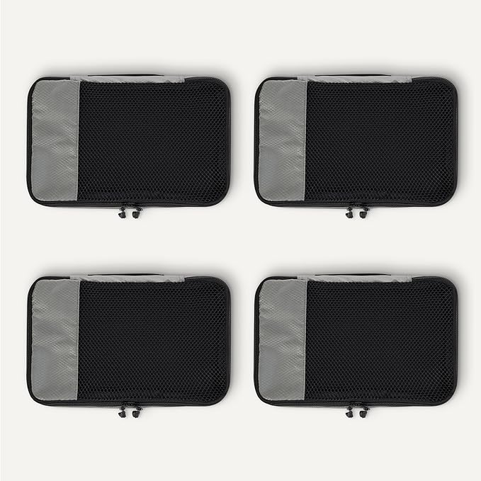 Amazon Essentials 4-Piece Packing Cubes Travel Accessories Set, Space-Saving Luggage Organizer with Double Zipper, Mesh Top, Small, Gray (Previously Amazon Basics)