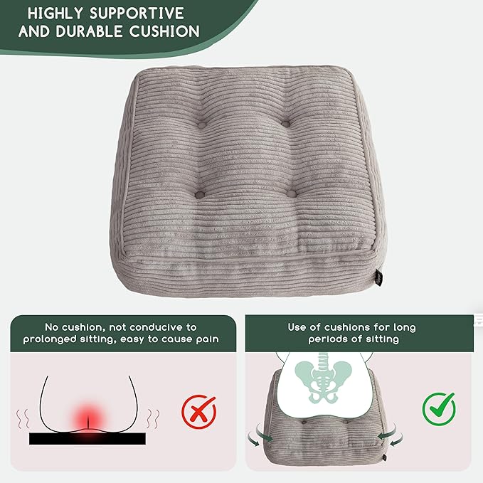 HIGOGOGO Tufted Corduroy Recliner Seat Cushion for Elderly, 20x20x6 Inch Extra Large Square Seat Cushion for Recliner Chair, Floor Pillow, Office Chair, Car, No Pressure on Thighs, Grey