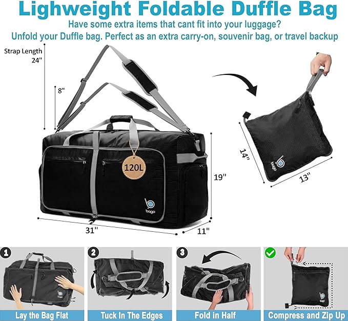 Bago Extra Large Duffle Bag for Travel Women & Men. Durable, Lightweight, Foldable Travel Duffel Bags For Traveling Women. 120L Duffle Bags Use As a Weekender Bag with Shoe Compartment, Checked Duffel